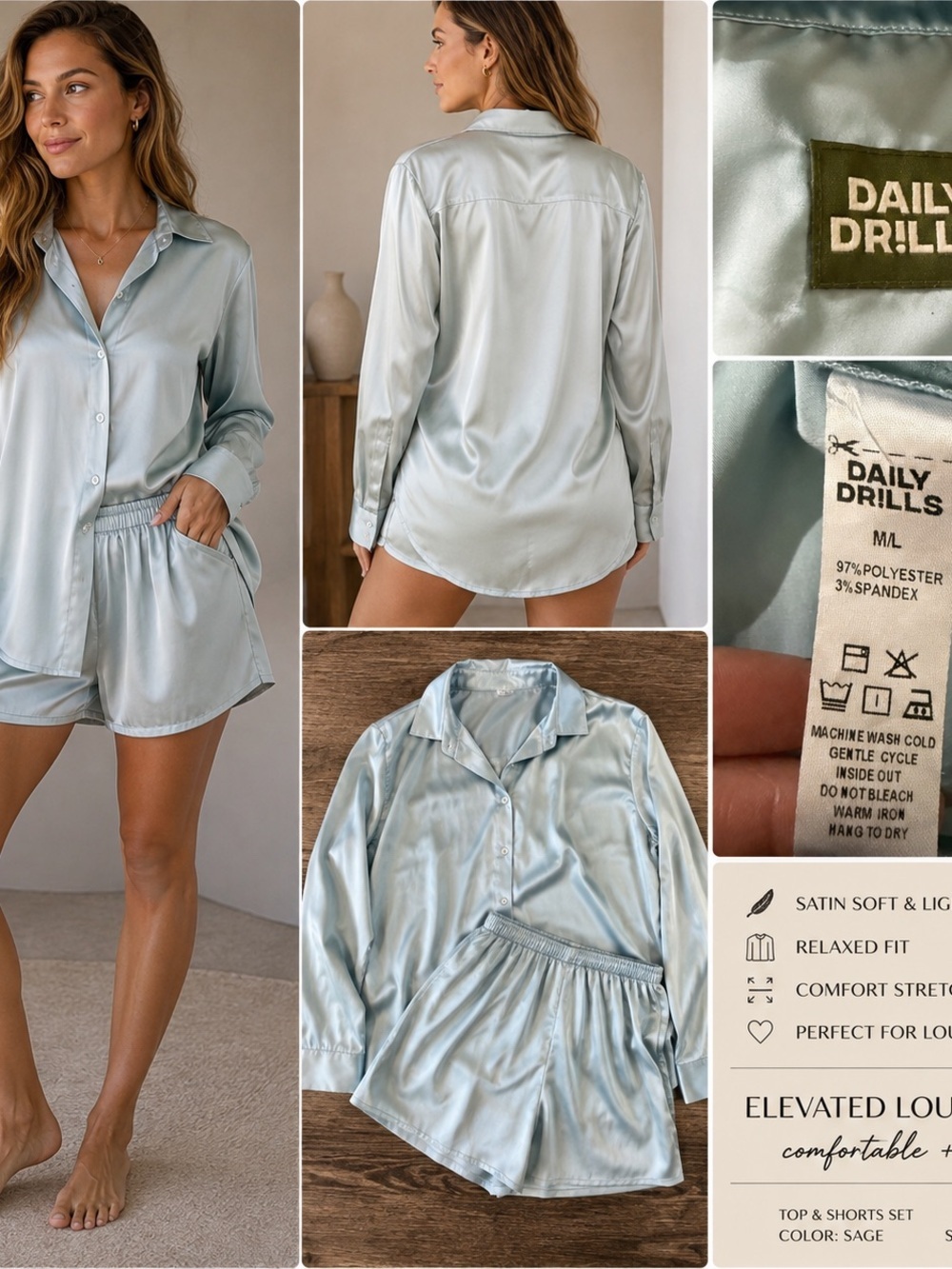 Daily Drills Satin Long Sleeve Button-Up & Shorts Set M/L SOLD OUT
